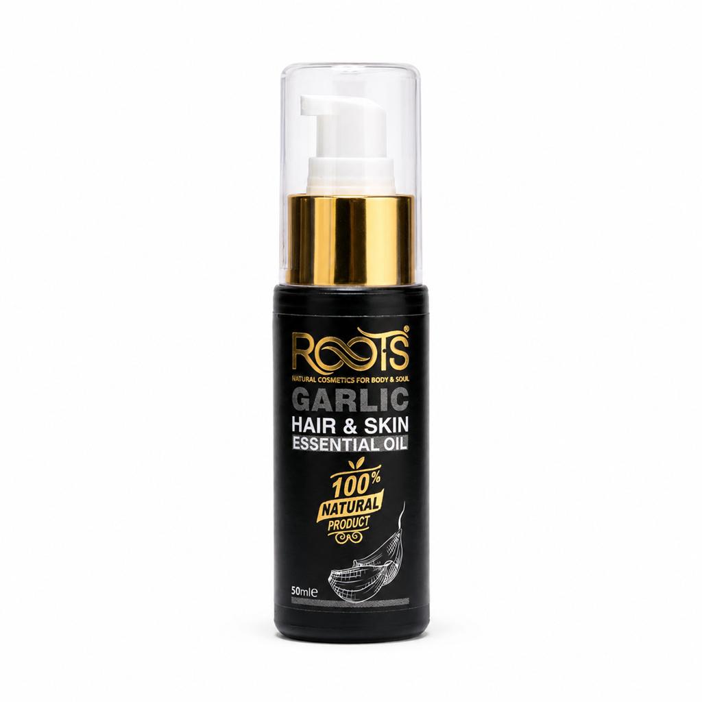 زجاجة سوداء من زيت الثوم الطبيعي للشعر والبشرة من Roots Egypt سعة 50 مل