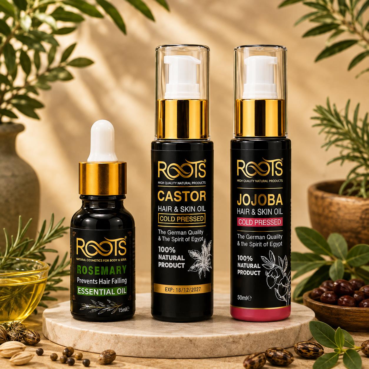 مجموعة زيوت Roots Egypt الطبيعية لعلاج تساقط الشعر وانباته واطالته مثل الروزماري والخروع والجوجوبا.