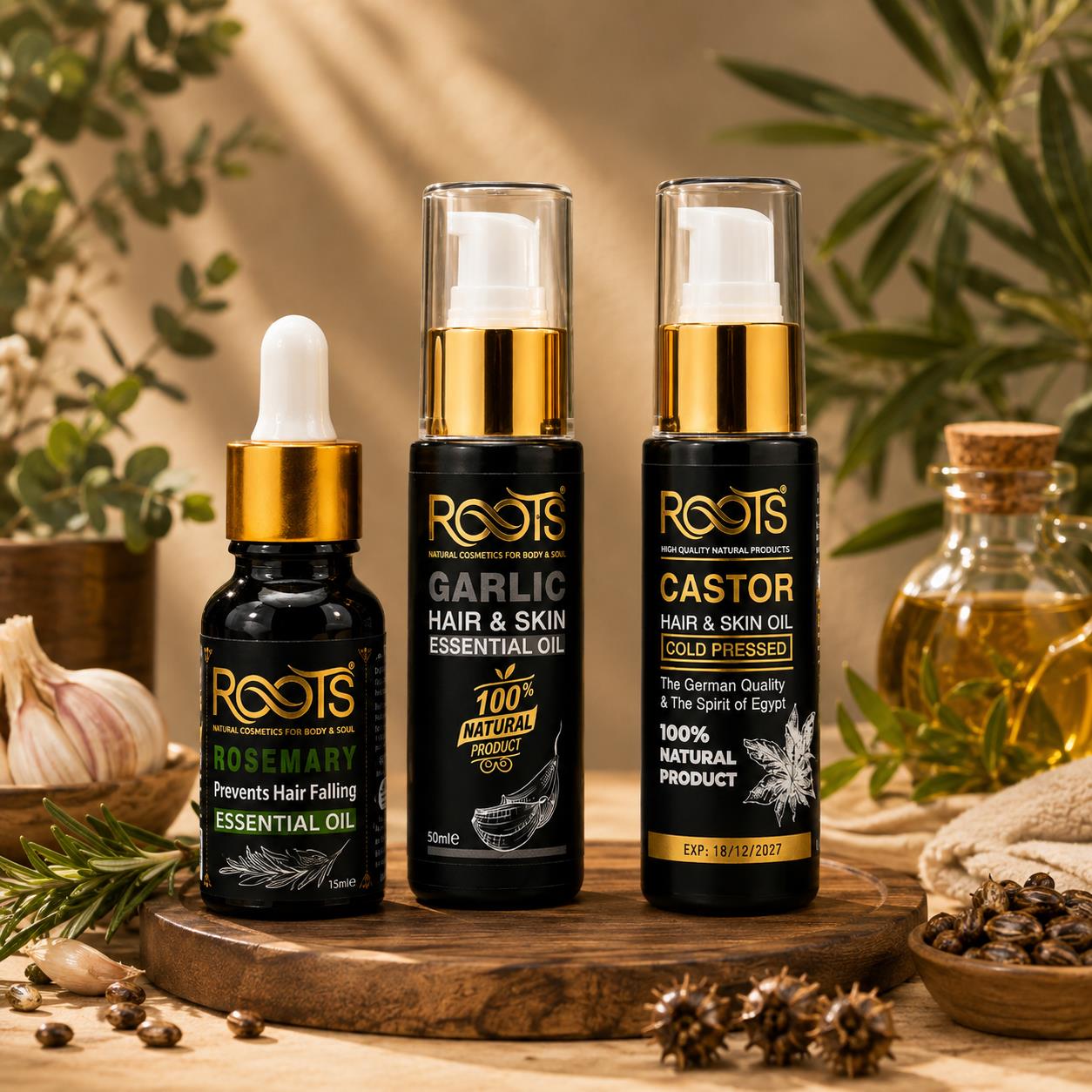 مجموعة زيوت Roots Egypt الطبيعية لعلاج تساقط الشعر وانباته وتكثيفه