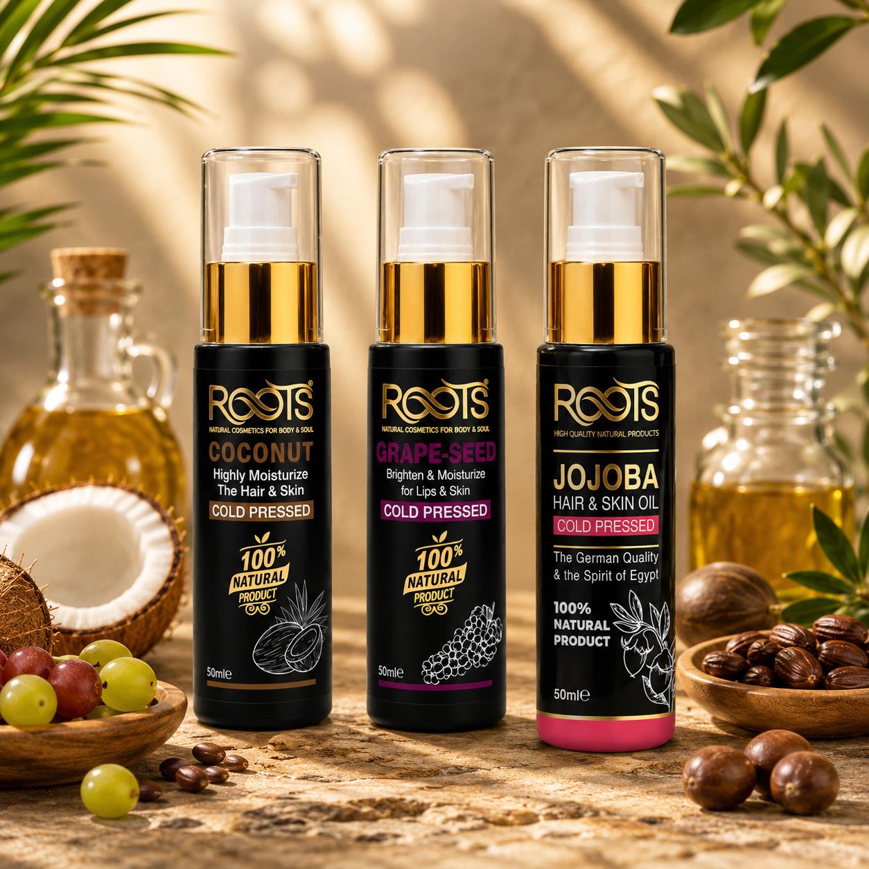زجاجات زيوت Roots Egypt الطبيعية: جوز الهند، بذور العنب، والجوجوبا المستخدمة في كورس الترميم